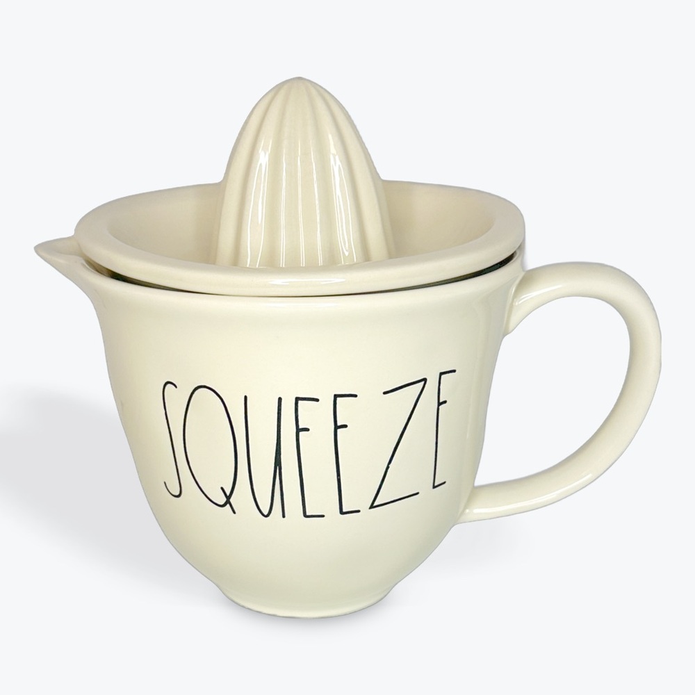 RAE DUNN SQUEEZE White and Black Ceramic 2 piece juicer set